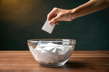 Hand placing paper into a glass bowl
