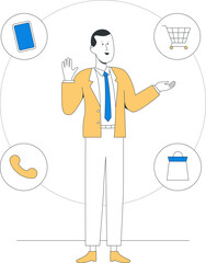A businessperson in suit surrounded by commerce icons including phone, shopping cart, and bag, representing communication, shopping, and technology integration