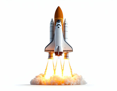 Stylized Rocket Ship Launch Spacecraft Taking Off with Fiery Trails