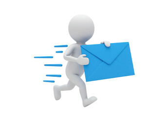 Isolated Running Stick Figure Carrying Blue Envelope