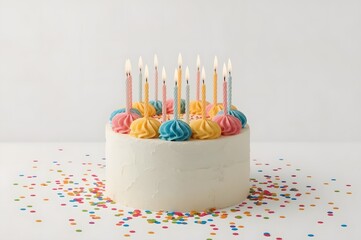 Birthday cake with colorful candles and sprinkles