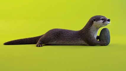 Otter playing with a stone on a bright green background during a sunny day