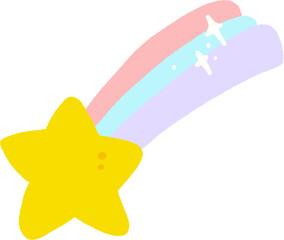 A yellow shooting star with a pastel rainbow trail, drawn in a flat and cute style.