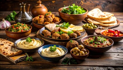 A rustic wooden table set with assorted Middle Eastern dishes under moody, Includes hummus, tabbouleh, falafel, pita bread, olives, and pickled vegetables