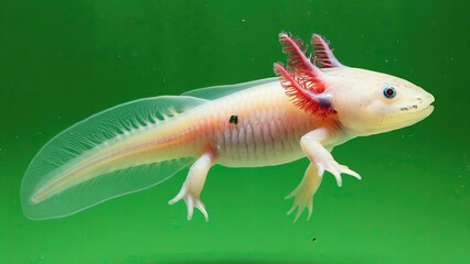 Scientific study of an axolotl swimming gracefully in a vibrant green habitat