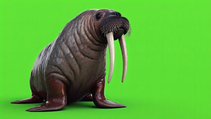 Realistic walrus posing on a bright green background showcasing its tusks and texture during a digital art session