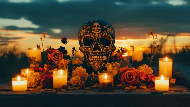 Sugar skull celebrating dia de los muertos at sunset with candles and flowers