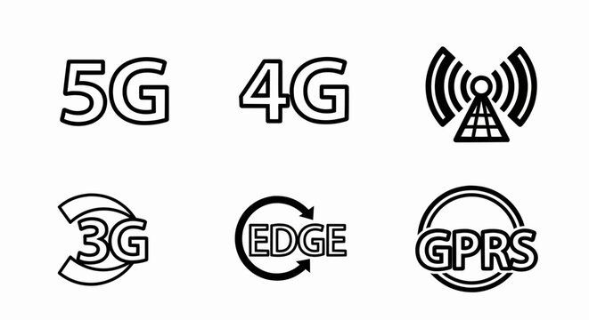 Mobile Network Technology Icons Set: 5G, 4G, 3G, EDGE, GPRS Symbols for App Design and Branding