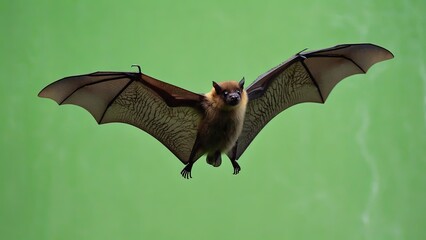 Bat flying against a bright green background highlighting its wings and features in vibrant detail