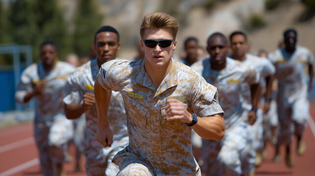Soldiers running in sync on an outdoor track for victory unity