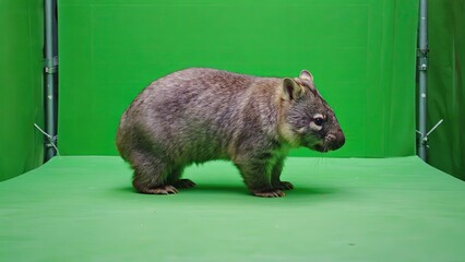 Wombat stands on a green backdrop in a studio during a wildlife photography session