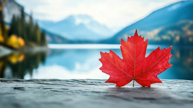 Red maple leaf floating on calm lake with mountain background