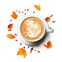 Warm Autumn Latte Art with Falling Leaves on White Background