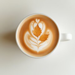 Warm Autumn Latte Art with Falling Leaves on White Background