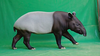 Rare tapir walking gracefully across a green backdrop in a natural habitat setting