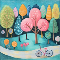 Whimsical Pastel Park Scene with Stylized Trees and Bike