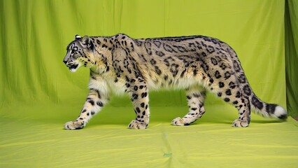 Snow leopard walks gracefully on vibrant green background during indoor display in wildlife exhibition