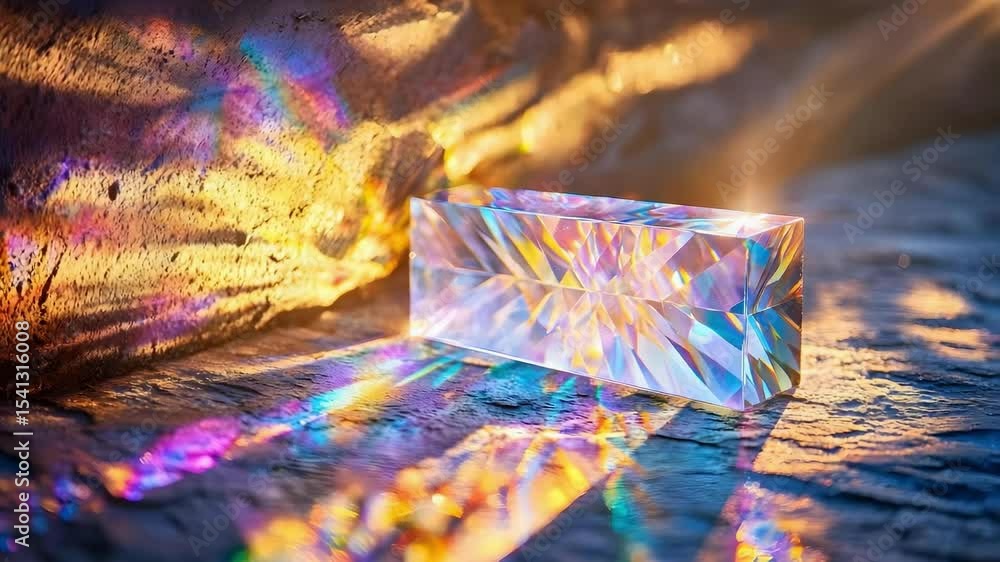 Poster a clear prism sitting on a surface, reflecting and refracting colorful light patterns around it.