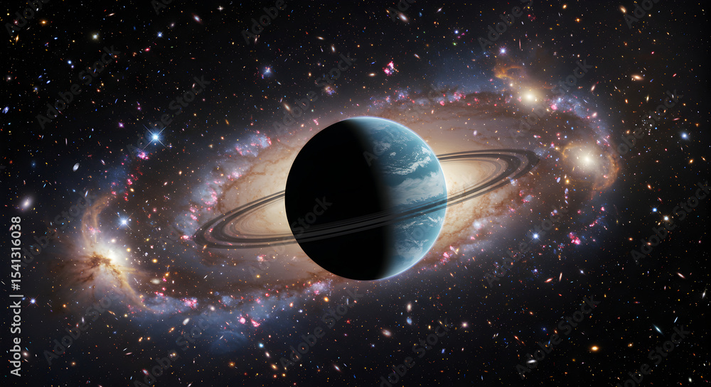 Wall mural stunning view of a planet in space with rings and galaxy in the background