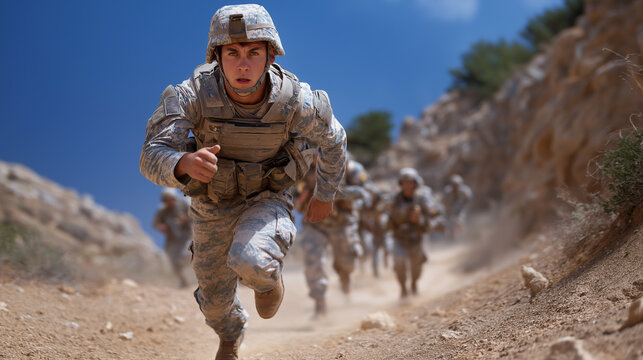 Soldiers running in sync on an outdoor track promoting unity - Powered by Adobe