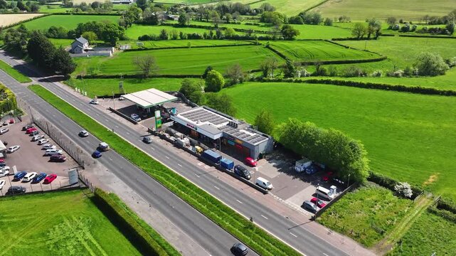 Aerial view of SPAR Kilwaughter, BP filling station, Kilwaughter GPO A8 Larne road Dual carriageway, Belfast road, Millbrook Larne Co Antrim Northern Ireland 06-06-25