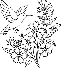 Fototapeta premium A black and white drawing of flowers with a bird on it