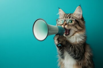 Cat with glasses using a megaphone for attention.