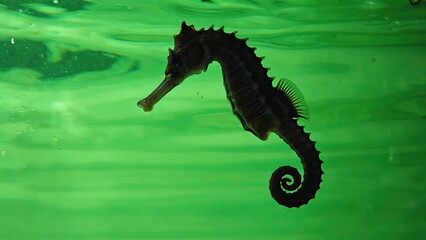 Seahorse gliding through vibrant green water in an aquarium setting during daylight hours