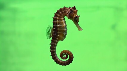 Colorful seahorse swimming gracefully in front of vibrant green background during underwater exploration
