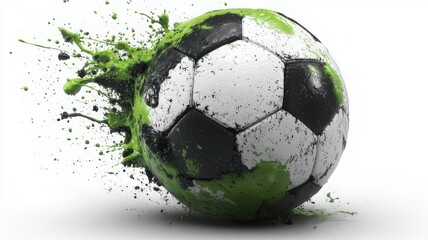 Soccer ball covered in green paint splattering on a white background studio shot