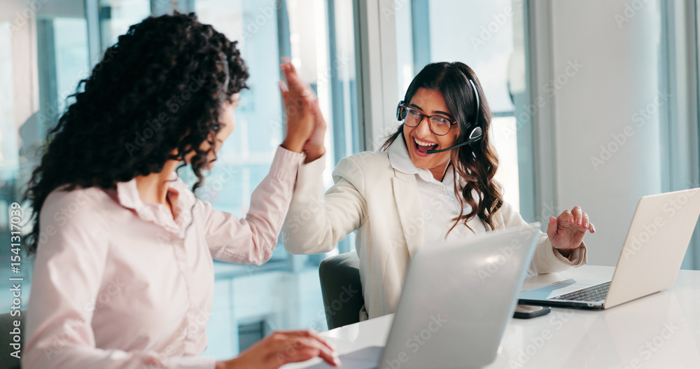Poster high five, laptop and call center agents in office with crm achievement, goal or target with teamwor
