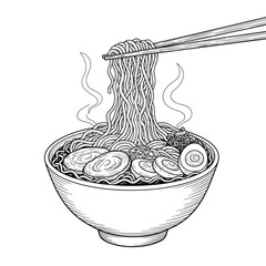 Bowl of ramen with noodles and toppings held by chopsticks isolated on white background