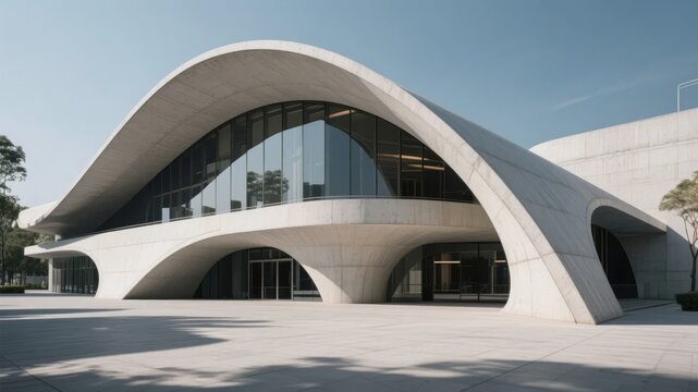 Modern building with a curved, flowing design and large glass windows under a clear blue sky.