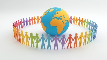 Colorful figures holding hands in a circle around a globe on a white background