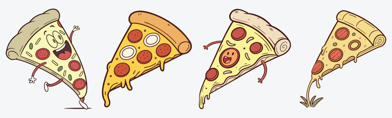 Fun and quirky cartoon pizza slices with cute expressions and cheesy details – perfect for food-themed designs, stickers design vector.