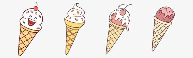 Cute cartoon ice cream cones with sprinkles, smiles, and cherries – perfect for summer-themed designs, kids’ products, and sweet treat ice cream vector.