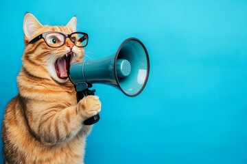 Cat with glasses using a megaphone for attention.