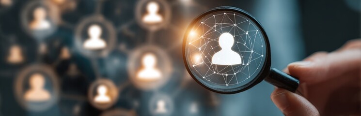 Magnifying glass focuses on a network of people, highlighting talent acquisition and connection