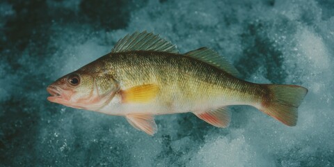 Fototapeta premium Freshwater Yellow Perch on Cracked Ice Surface Highlighting Winter Fishing Experience and Sustainable Seasonal Recreation Trend