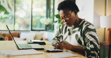 Black woman, finance or laptop with calculator for budget planning, accounting or salary at home....