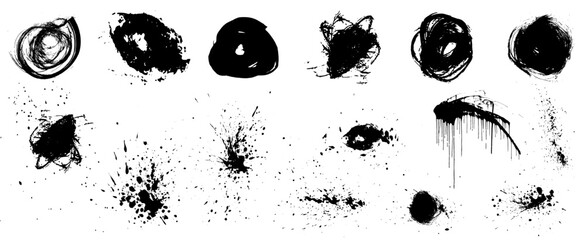 Ink splatters. Vector brush paint splashes. Chinese calligraphy black rough scribble brustrokes collection. Grunge effect urban black paint splashes, blots. Dirty punk hand-drawn spray circles