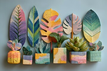 Sustainable Dorm Decor with Recycled Materials Colorful paper leaves and potted plants decor. eco-friendly student room green dorm style