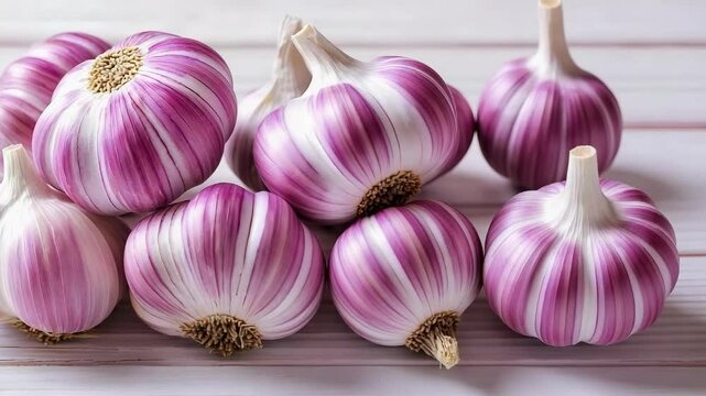 A cluster of purple and white garlic bulbs arranged on a wooden surface.