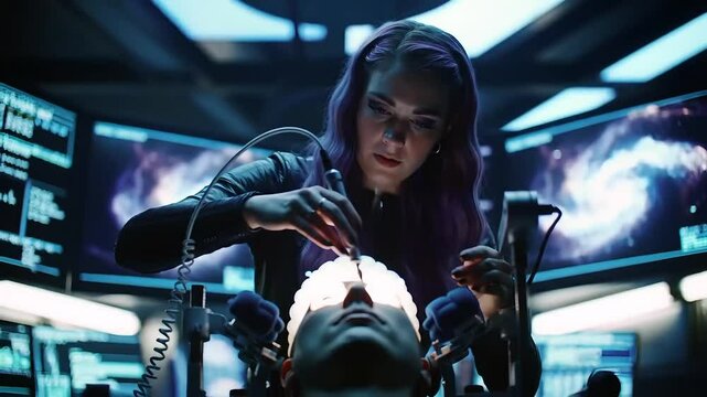 Female scientist working on neural interface in futuristic lab setting  