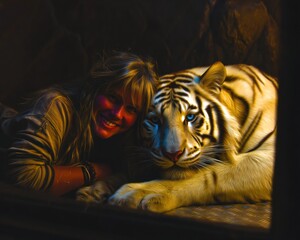 Woman and white tiger in a dark cave