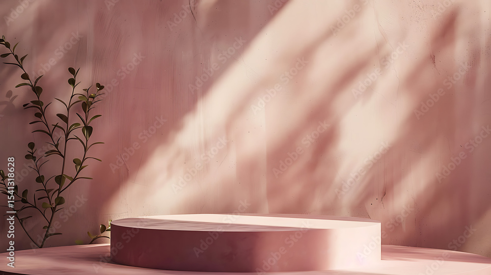 Poster a minimalist pink podium stands in a studio setting with soft shadows and a plant adding a touch of 