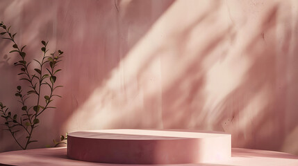 A minimalist pink podium stands in a studio setting with soft shadows and a plant adding a touch of nature to the scene