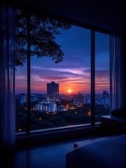 Sunset city view from a window