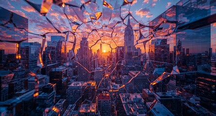 Cityscape at sunset viewed through shattered glass with buildings and sky reflecting in shards