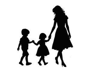 Family silhouette, a mother and her son daughter walking hand in hand, isolated icon on white background